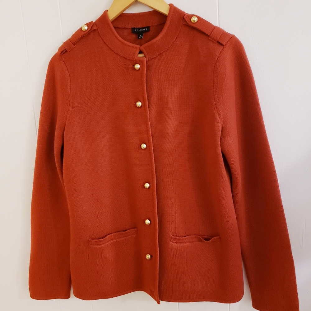 Talbots Women Sweater Merino Wool Size  Medium Rust Orange Gold Button Jacket